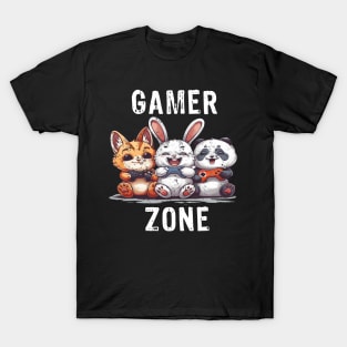 Gamer Zone Cat Bunny Panda-white text T-Shirt